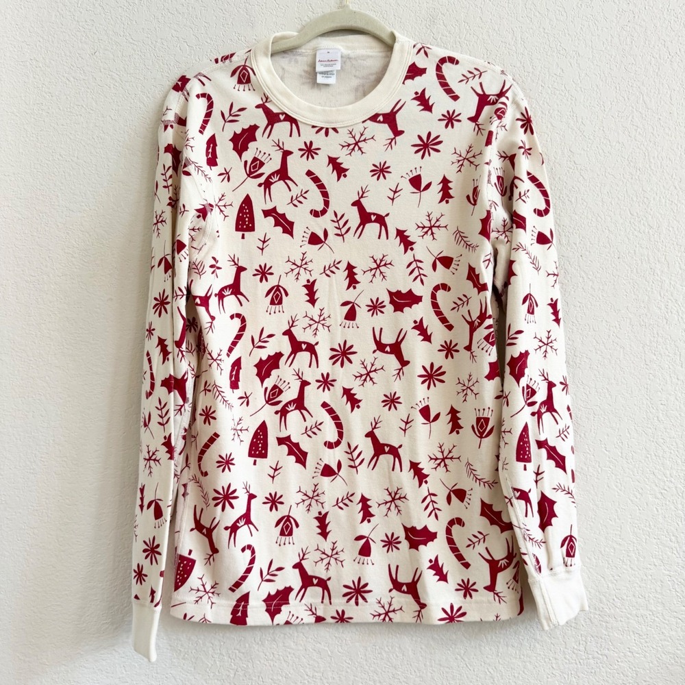 Hanna Andersson Womens M Organic Cotton Christmas Reindeer Long Sleeve Tee Cream